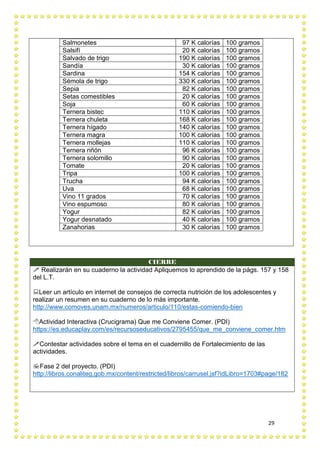 29
Salmonetes 97 K calorías 100 gramos
Salsifí 20 K calorías 100 gramos
Salvado de trigo 190 K calorías 100 gramos
Sandía 30 K calorías 100 gramos
Sardina 154 K calorías 100 gramos
Sémola de trigo 330 K calorías 100 gramos
Sepia 82 K calorías 100 gramos
Setas comestibles 20 K calorías 100 gramos
Soja 60 K calorías 100 gramos
Ternera bistec 110 K calorías 100 gramos
Ternera chuleta 168 K calorías 100 gramos
Ternera hígado 140 K calorías 100 gramos
Ternera magra 100 K calorías 100 gramos
Ternera mollejas 110 K calorías 100 gramos
Ternera riñón 96 K calorías 100 gramos
Ternera solomillo 90 K calorías 100 gramos
Tomate 20 K calorías 100 gramos
Tripa 100 K calorías 100 gramos
Trucha 94 K calorías 100 gramos
Uva 68 K calorías 100 gramos
Vino 11 grados 70 K calorías 100 gramos
Vino espumoso 80 K calorías 100 gramos
Yogur 82 K calorías 100 gramos
Yogur desnatado 40 K calorías 100 gramos
Zanahorias 30 K calorías 100 gramos
CIERRE
 Realizarán en su cuaderno la actividad Apliquemos lo aprendido de la págs. 157 y 158
del L.T.
Leer un artículo en internet de consejos de correcta nutrición de los adolescentes y
realizar un resumen en su cuaderno de lo más importante.
http://www.comoves.unam.mx/numeros/articulo/110/estas-comiendo-bien
Actividad Interactiva (Crucigrama) Que me Conviene Comer. (PDI)
https://es.educaplay.com/es/recursoseducativos/2795455/que_me_conviene_comer.htm
Contestar actividades sobre el tema en el cuadernillo de Fortalecimiento de las
actividades.
Fase 2 del proyecto. (PDI)
http://libros.conaliteg.gob.mx/content/restricted/libros/carrusel.jsf?idLibro=1703#page/182
 