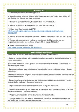 38
DESARROLLO
El docente presentará el tema en ppt. (PDI).
Deberán realizar la lectura del apartado "Conozcamos Juntos" de las págs. 160 a 163
y en base a eso elaborar un mapa conceptual
Realizar el apartado “Acción y Reacción” de la pag.162 de su L.T.
Realizar el apartado “Acción y Reacción” de la pag.164 de su L.T.
Enlace web: Electronegatividad.(PDI)
http://www.educaplus.org/elementos-quimicos/propiedades/electronegatividad-
pauling.html
Realizar lectura de comprensión del tema “La electronegatividad” pág. 165 a167 de su
L.T.
En base a la lectura anterior realizar un cuestionario de 10 preguntas con sus
respectivas respuestas que contenga la figura 3.6 de la pág. 165 de L.T.
Video: Electronegatividad. (PDI)
https://www.youtube.com/watch?v=IzA--xYI_Ko
Parte medular de la sesión
Pedir a los alumnos que definan semejanzas y diferencias entre ellos.
Propiciar que identifiquen la importancia de cada uno a partir de deducir la estructura de
varios compuestos.
Exponer el modelo de enlace químico por transferencia de electrones. El modelo del par
electrónico y del octeto.
Pedir que expliquen las propiedades de los materiales con el modelo del octeto y del par
electrónico.
Promover la reflexión del grupo para que reconozcan que el conocimiento científico está en
constante movimiento.
Dar acompañamiento al grupo para que expliquen los enlaces sencillos, dobles y triples
empleando los modelos revisados en la semana.
Aprender a realizar las formulas estructurales de algunas moléculas.
Identificar la cantidad de electrones que se comparten entre los átomos de las moléculas
de oxigeno gaseoso y nitrógeno gaseoso.
Proponer, en el pizarrón, formas de unos los átomos señalados.
Dibujar la estructura de Lewis de las moléculas señaladas, sustituyendo cada par de
electrones que forman un enlace por una línea.
 