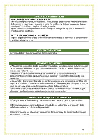 46
ESTÁNDAR CURRICULAR
HABILIDADES ASOCIADAS A LA CIENCIA
Realiza interpretaciones, deducciones, conclusiones, predicciones y representaciones
de fenómenos y procesos naturales, a partir del análisis de datos y evidencias de una
investigación científica, y explica cómo llegó a ellas.
Aplica habilidades interpersonales necesarias para trabajar en equipo, al desarrollar
investigaciones científicas.
ACTITUDES ASOCIADAS A LA CIENCIA
Aplica el pensamiento crítico y el escepticismo informado al identificar el conocimiento
científico del que no lo es.
CAMPO FORMATIVO
 Propiedades y transformaciones de los materiales.
ENFOQUE DIDÀCTICO
Abordar los contenidos desde contextos vinculados a la vida personal, cultural y social
de los alumnos, con el fin de que identifiquen la relación entre la ciencia, el desarrollo
tecnológico y el ambiente.
Estimular la participación activa de los alumnos en la construcción de sus
conocimientos científicos, aprovechando sus saberes y replanteándolos cuando sea
necesario.
Desarrollar, de manera integrada, los contenidos desde una perspectiva científica a lo
largo de la Educación Básica, contribuir al desarrollo de las competencias para la vida, al
perfil de egreso y a las competencias específicas de la asignatura.
Promover la visión de la naturaleza de la ciencia como construcción humana, cuyos
alcances y explicaciones se actualizan de manera permanente.
COMPETENCIAS QUE SE FAVORECEN
Comprensión de fenómenos y procesos naturales desde la perspectiva científica
Toma de decisiones informadas para el cuidado del ambiente y la promoción de la
salud orientadas a la cultura de la prevención
Comprensión de los alcances y limitaciones de la ciencia y del desarrollo tecnológico
en diversos contextos
 