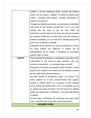14
pizarrón, y se les cuestionará sobre: ¿sabían que pueden
contar con los dedos?, ¿Alguien ha usado los dedos para
contar?, ¿Cuántos años tienen?, ¿Pueden representar la
edad con sus dedos?.
Después de haberlos escuchado, se procederá a mostrarles
una manta, la cual contiene números del 1 al 10, y en cada
número hay una mano, lo que los niños harán es
representar con los dedos de la mano que está en la manta
los números posteriores, de éste modo cada niño pasará a
realizar la actividad, y si a un niño se le dificulta pues podrá
pasar otro compañero a ayudarle.
Enseguida se les repartirá una hoja con actividad, en donde
los niños tendrán que relacionar el número con la
representación de los dedos. Y finalmente se comentará
sobre lo visto en clase.
JUEVES Para comenzar la actividad se cuestionará a los niños sobre
¿Recuerdan lo que vimos la clase pasada?, ¿De que
números se acuerdan?, ¿Les gustaría jugar a contar?.
Enseguida se formaran dos equipos dentro del salón, y cada
equipo se le repartirá una huevera con una pelotita, y aparte
en una cajita habrá varios pompones.
De ésta manera se procederá a jugar, y se pedirá a los
niños sentarse en el piso, posteriormente cada jugador
lanzará la pelotita dentro de la huevera, la cual contiene
varios orificios los números del 1 al 10, y si la pelotita cae en
un orificio que tenga el número 5 el niño que tiro la pelotita
tendrá que seleccionar 5 pompones, y así cada niño lanzará
la pelotita.
Al final todos contaremos los pompones que ganó cada
niño, y veremos quién tiene más y quién tiene menos.
ARGUMENTACIÓN
 