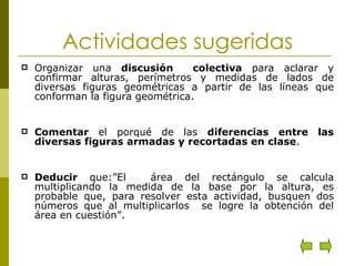 Actividades sugeridas Organizar una  discusión  colectiva  para aclarar y confirmar alturas, perímetros y medidas de lados de diversas figuras geométricas a partir de las líneas que conforman la figura geométrica. Comentar  el porqué de las  diferencias entre las diversas figuras armadas y recortadas en clase . Deducir  que:”El  área del rectángulo se calcula multiplicando la medida de la base por la altura, es probable que, para resolver esta actividad, busquen dos números que al multiplicarlos  se logre la obtención del área en cuestión”. 