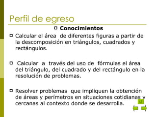Perfil de egreso Conocimientos Calcular el área  de diferentes figuras a partir de la descomposición en triángulos, cuadrados y rectángulos. Calcular  a  través del uso de  fórmulas el área del triángulo, del cuadrado y del rectángulo en la resolución de problemas.  Resolver problemas  que impliquen la obtención de áreas y perímetros en situaciones cotidianas y cercanas al contexto donde se desarrolla. 