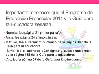 Importante reconocer que el Programa de 
Educación Preescolar 2011 y la Guía para 
la Educadora señalan…. 
• Normita, lee página 21 primer párrafo. 
• Anita, lee página 24 último párrafo. 
• Mitzuko, lee el recuadro punteado de la página 167 de la 
Guía para la educadora. 
• Silvia, lee el apartado «Consignas y cuestionamientos» 
de la página 168 de la Guía para la educadora. 
• Ale, lee la página 97 de la Guía para la educadora. 
 