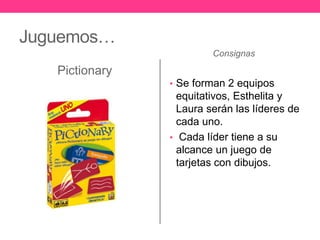 Juguemos… 
Pictionary 
Consignas 
• Se forman 2 equipos 
equitativos, Esthelita y 
Laura serán las líderes de 
cada uno. 
• Cada líder tiene a su 
alcance un juego de 
tarjetas con dibujos. 
 