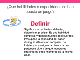¿Qué habilidades o capacidades se han 
puesto en juego? 
• Significa marcar límites, delimitar, 
determinar, precisar. Es una habilidad 
compleja, y genera muchos desacuerdos. 
Presupone la capacidad de saber 
distinguir, diferenciar, comparar. Se 
fortalece al averiguar la clase a la que 
pertenece algo y de qué manera es 
diferente de otros miembros de la misma 
clase. 
 