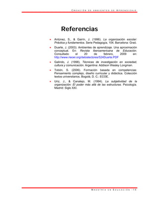 C R E A C I Ó N D E A M B I E N T E S D E A P R E N D I Z A J E
M A E S T R Í A E N E D U C A C I Ó N - 1 5
Referencias
• Antúnez, S., & Gairín, J. (1996). La organización escolar:
Práctica y fundamentos. Serie Pedagogía, 104. Barcelona: Graó.
• Duarte, J. (2003). Ambientes de aprendizaje. Una aproximación
conceptual. En: Revista Iberoamericana de Educación.
Consultado el 20 de febrero, 2009 en:
http://www.rieoei.org/deloslectores/524Duarte.PDF
• Galindo, J. (1998). Técnicas de investigación en sociedad,
cultura y comunicación. Argentina: Addison Wesley Longman.
• Tobón, S. (2006). Formación basada en competencias:
Pensamiento complejo, diseño curricular y didáctica. Colección
textos universitarios. Bogotá, D. C.: ECOE.
• Uriz, J., & Canalejo, M. (1994). La subjetividad de la
organización: El poder más allá de las estructuras. Psicología.
Madrid: Siglo XXI.
 