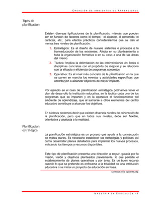 C R E A C I Ó N D E A M B I E N T E S D E A P R E N D I Z A J E
M A E S T R Í A E N E D U C A C I Ó N - 4
Tipos de
planificación
Existen diversas tipificaciones de la planificación, mismas que pueden
ser en función de factores como el tiempo, el alcance, el contenido, el
carácter, etc., para efectos prácticos consideraremos que se dan al
menos tres niveles de planificación:
1. Estratégica: Es el diseño de nuevos sistemas o procesos o la
transeducación de los existentes. Afecta en su planteamiento a
toda la organización formativa o en su caso a una de las áreas
del mismo
2. Táctica: Implica la delimitación de las intervenciones en áreas o
disciplinas concretas con el propósito de mejorar y se relaciona
con la eficacia y eficiencia de programas concretos
3. Operativa: Es el nivel más concreto de la planificación en la que
se ponen en marcha los eventos y actividades específicas que
contribuyen a alcanzar objetivos de mayor impacto.
Por ejemplo en el caso de planificación estratégica podríamos tener el
plan de desarrollo la institución educativa, en la táctica cada uno de los
programas que se imparten y en la operativa el funcionamiento del
ambiente de aprendizaje, que al sumarse a otros elementos del centro
educativo contribuye a alcanzar los objetivos.
En síntesis podemos decir que existen diversos niveles de concreción de
la planificación, pero que en todos sus niveles, debe ser flexible,
orientativa y ajustada a la realidad.
Planificación
estratégica
La planificación estratégica es un proceso que ayuda a la consecución
de metas claras. Es necesario establecer las estrategias y políticas así
como desarrollar planes detallados para implantar los nuevos procesos,
indicando los tiempos y recursos disponibles.
Este tipo de planificación presenta una dirección a seguir, guiada por la
misión, visión y objetivos planteados previamente, lo que permite el
establecimiento de planes operativos y por área. Es un buen recurso
cuando lo que se pretende es enfocarse a la totalidad de una institución
educativa o se inicia un proyecto de educación en línea.
Continúa en la siguiente pág.
 