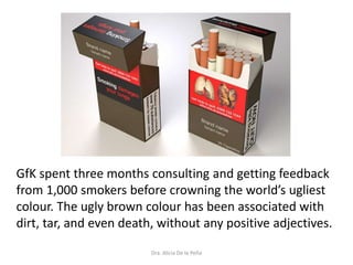 Dra. Alicia De la Peña
GfK spent three months consulting and getting feedback
from 1,000 smokers before crowning the world’s ugliest
colour. The ugly brown colour has been associated with
dirt, tar, and even death, without any positive adjectives.
 