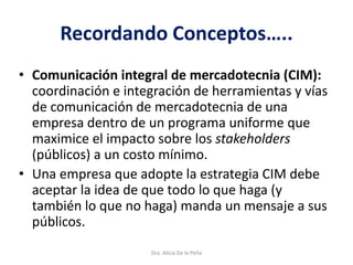 Recordando Conceptos…..
• Comunicación integral de mercadotecnia (CIM):
coordinación e integración de herramientas y vías
de comunicación de mercadotecnia de una
empresa dentro de un programa uniforme que
maximice el impacto sobre los stakeholders
(públicos) a un costo mínimo.
• Una empresa que adopte la estrategia CIM debe
aceptar la idea de que todo lo que haga (y
también lo que no haga) manda un mensaje a sus
públicos.
Dra. Alicia De la Peña
 