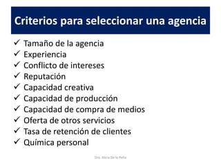 Criterios para seleccionar una agencia
 Tamaño de la agencia
 Experiencia
 Conflicto de intereses
 Reputación
 Capacidad creativa
 Capacidad de producción
 Capacidad de compra de medios
 Oferta de otros servicios
 Tasa de retención de clientes
 Química personal
Dra. Alicia De la Peña
 