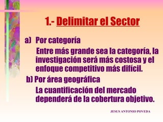 1.- Delimitar el Sector
a) Por categoría
   Entre más grande sea la categoría, la
   investigación será más costosa y el
   enfoque competitivo más difícil.
b) Por área geográfica
   La cuantificación del mercado
   dependerá de la cobertura objetivo.
                         JESUS ANTONIO POVEDA
 