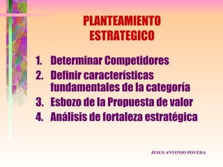 PLANTEAMIENTO
           ESTRATEGICO
1. Determinar Competidores
2. Definir características
   fundamentales de la categoría
3. Esbozo de la Propuesta de valor
4. Análisis de fortaleza estratégica

                         JESUS ANTONIO POVEDA
 