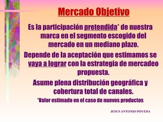 Mercado Objetivo
 Es la participación pretendida* de nuestra
      marca en el segmento escogido del
        mercado en un mediano plazo.
Depende de la aceptación que estimamos se
 vaya a lograr con la estrategia de mercadeo
                   propuesta.
   Asume plena distribución geográfica y
          cobertura total de canales.
    *Valor estimado en el caso de nuevos productos
                                   JESUS ANTONIO POVEDA
 