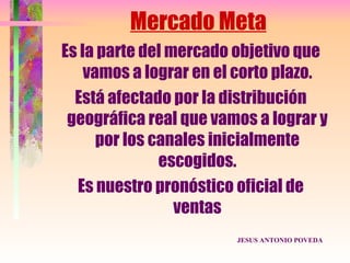 Mercado Meta
Es la parte del mercado objetivo que
    vamos a lograr en el corto plazo.
  Está afectado por la distribución
 geográfica real que vamos a lograr y
      por los canales inicialmente
               escogidos.
  Es nuestro pronóstico oficial de
                 ventas
                        JESUS ANTONIO POVEDA
 