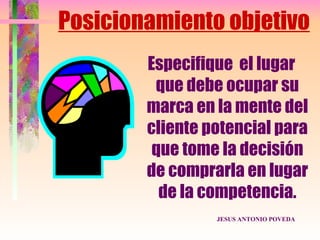 Posicionamiento objetivo
        Especifique el lugar
         que debe ocupar su
        marca en la mente del
        cliente potencial para
         que tome la decisión
        de comprarla en lugar
          de la competencia.
                 JESUS ANTONIO POVEDA
 