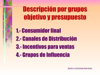 Descripción por grupos
   objetivo y presupuesto
1.- Consumidor final
2.- Canales de Distribución
3.- Incentivos para ventas
4.- Grupos de Influencia

                      JESUS ANTONIO POVEDA
 
