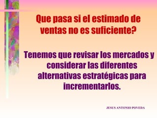 Que pasa si el estimado de
    ventas no es suficiente?

Tenemos que revisar los mercados y
      considerar las diferentes
   alternativas estratégicas para
          incrementarlos.

                     JESUS ANTONIO POVEDA
 