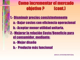 Como incrementar el mercado
        objetivo ?    (cont.)
1.- Disminuir precios consistentemente
   a.- Bajar costos con eficiencia operacional
   b.- Aceptar menor utilidad unitaria.
2.- Mejorar la relación Costo/Beneficio para
   el consumidor, mediante:
   a.- Mejor diseño
   b.- Producto más funcional
                               JESUS ANTONIO POVEDA
 