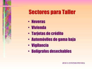Sectores para Taller
•   Neveras
•   Vivienda
•   Tarjetas de crédito
•   Automóviles de gama baja
•   Vigilancia
•   Bolígrafos desechables

                    JESUS ANTONIO POVEDA
 