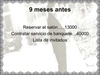 9 meses antes

     Reservar el salón…..13000
Contratar servicio de banquete…40000
           Lista de invitados
 
