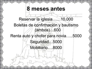 8 meses antes
    Reservar la iglesia……10,000
 Boletas de confirmación y bautismo
             (ambos)…600
Renta auto y chofer para novia…..5000
          Seguridad…5000
          Mobiliario….8000
 