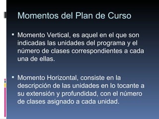Momentos del Plan de Curso Momento Vertical, es aquel en el que son indicadas las unidades del programa y el número de clases correspondientes a cada una de ellas. Momento Horizontal, consiste en la descripción de las unidades en lo tocante a su extensión y profundidad, con el número de clases asignado a cada unidad. 