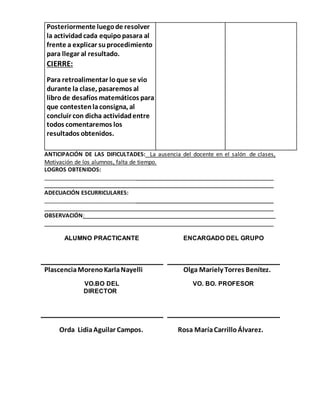Posteriormente luegode resolver
la actividad cada equipopasara al
frente a explicar suprocedimiento
para llegar al resultado.
CIERRE:
Para retroalimentar loque se vio
durante la clase, pasaremos al
librode desafíos matemáticos para
que contestenlaconsigna, al
concluir con dicha actividadentre
todos comentaremos los
resultados obtenidos.
ANTICIPACIÓN DE LAS DIFICULTADES: La ausencia del docente en el salón de clases,
Motivación de los alumnos, falta de tiempo.
LOGROS OBTENIDOS:
_________________________________________________________________________
_________________________________________________________________________
ADECUACIÓN ESCURRICULARES:
_________________________________________________________________________
_________________________________________________________________________
OBSERVACIÓN:_____________________________________________________________
_________________________________________________________________________
ALUMNO PRACTICANTE ENCARGADO DEL GRUPO
PlascenciaMorenoKarlaNayelli Olga Mariely Torres Benítez.
VO.BO DEL
DIRECTOR
VO. BO. PROFESOR
Orda LidiaAguilar Campos. Rosa MaríaCarrilloÁlvarez.
 
