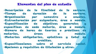 -Descripción de la finalidad de la carrera.
-Tiempo de duración de la carrera.
-Organización por semestre o anuales.
-Estructuración por asignatura, área o módulo.
-Especificación de objetivos generales y
específicos de cada materia, área o módulo.
-Número de horas de teorías o prácticas de
materias, áreas o módulo.
-Materias obligatorias, optativas y total de
créditos.
-Especificaciones sobre el servicio social.
-Opciones y requisitos de titulación y otros.
Elementos del plan de estudio
 