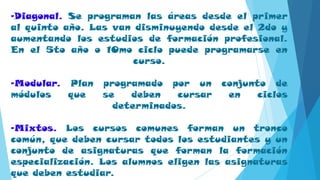 -Diagonal. Se programan las áreas desde el primer
al quinto año. Las van disminuyendo desde el 2do y
aumentando los estudios de formación profesional.
En el 5to año o 10mo ciclo puede programarse en
curso.
-Modular. Plan programado por un conjunto de
módulos que se deben cursar en ciclos
determinados.
-Mixtos. Los cursos comunes forman un tronco
común, que deben cursar todos los estudiantes y un
conjunto de asignaturas que forman la formación
especialización. Los alumnos eligen las asignaturas
que deben estudiar.
 