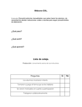 Bitácora COL. 
Producción: Discusión sobre las manualidades que saben hacer los alumnos y la 
necesidad de atender instrucciones orales o escritas para seguir procedimientos 
de elaboración. 
¿Qué paso? 
¿Qué sentí? 
¿Qué aprendí? 
Lista de cotejo. 
Producción: conocimiento acerca de Los instructivos. 
Preguntas. Si No 
Los alumnos mostraron interés 
Tomaron a juego el tema que se les hablaría 
Se vieron motivados en cuanto a participación 
Trabajaron colaborativamente 
 