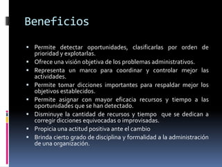 Beneficios
 Permite detectar oportunidades, clasificarlas por orden de
    prioridad y explotarlas.
   Ofrece una visión objetiva de los problemas administrativos.
   Representa un marco para coordinar y controlar mejor las
    actividades.
   Permite tomar dicciones importantes para respaldar mejor los
    objetivos establecidos.
   Permite asignar con mayor eficacia recursos y tiempo a las
    oportunidades que se han detectado.
   Disminuye la cantidad de recursos y tiempo que se dedican a
    corregir dicciones equivocadas o improvisadas.
   Propicia una actitud positiva ante el cambio
   Brinda cierto grado de disciplina y formalidad a la administración
    de una organización.
 