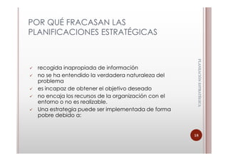 POR QUÉ FRACASAN LAS
PLANIFICACIONES ESTRATÉGICAS




                                                      PLANEACIÓN ESTRATÈGICA
                                                      PLANEACIÓN ESTRATÈGICA
  recogida inapropiada de información
  no se ha entendido la verdadera naturaleza del
  problema
  es incapaz de obtener el objetivo deseado
  no encaja los recursos de la organización con el
  entorno o no es realizable.
  Una estrategia puede ser implementada de forma
  pobre debido a:


                                                     18
 