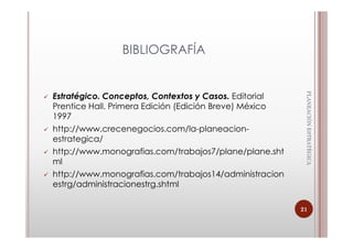 BIBLIOGRAFÍA




                                                         PLANEACIÓN ESTRATÈGICA
                                                         PLANEACIÓN ESTRATÈGICA
Estratégico. Conceptos, Contextos y Casos. Editorial
Prentice Hall. Primera Edición (Edición Breve) México
1997
http://www.crecenegocios.com/la-planeacion-
estrategica/
http://www.monografias.com/trabajos7/plane/plane.sht
ml
http://www.monografias.com/trabajos14/administracion
estrg/administracionestrg.shtml

                                                        21
 