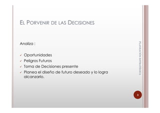 EL PORVENIR DE LAS DECISIONES




                                                      PLANEACIÓN ESTRATÈGICA
                                                      PLANEACIÓN ESTRATÈGICA
Analiza :

  Oportunidades
  Peligros Futuros
  Toma de Decisiones presente
  Planea el diseño de futuro deseado y lo logra
  alcanzarlo.



                                                  3
 