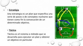 • Estratégia
Una estrategia es un plan que especifica una
serie de pasos o de conceptos nucleares que
tienen como fin la consecución de un
determinado objetivo.
• Táctica
Táctica es el sistema o método que se
desarrolla para ejecutar un plan y obtener
un objetivo en particular
 