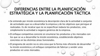 DIFERENCIAS ENTRE LA PLANIFICACIÓN
ESTRATÉGICA Y LA PLANIFICACIÓN TÁCTICA
Se entiende por misión económica la descripción clara de la actividad o conjunto
de actividades que va a desarrollar la empresa y de los objetivos que persigue al
realizadas. Es de recalcar que no se especifican todavía los productos, sino
simplemente la actividad o negocio genérico de la empresa.
El enfoque competitivo consiste en enumerar los productos y los mercados con
los que se va a desarrollar la misión económica, estableciendo objetivos
concretos en las distintas áreas funcionales.
El programa de acción no es otra cosa que la forma más eficiente de desarrollar
la misión económica y el enfoque competitivo de fabricar y vender unos
productos en unos mercados.
 