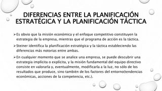 DIFERENCIAS ENTRE LA PLANIFICACIÓN
ESTRATÉGICA Y LA PLANIFICACIÓN TÁCTICA
Es obvio que la misión económica y el enfoque competitivo constituyen la
estrategia de la empresa, mientras que el programa de acción es la táctica.
Steiner identifica la planificación estratégica y la táctica estableciendo las
diferencias más notorias entre ambas.
En cualquier momento que se analice una empresa, se puede descubrir una
estrategia implícita o explícita, y la misión fundamental del equipo directivo
consiste en valorarla y, eventualmente, modificarla a la luz, no sólo de los
resultados que produce, sino también de los factores del entorno(tendencias
económicas, acciones de la competencia, etc.).
 
