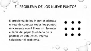 EL PROBLEMA DE LOS NUEVE PUNTOS
• El problema de los 9 puntos plantea
el reto de conectar todos los puntos
únicamente con 4 líneas sin levantar
el lápiz del papel (o el dedo de la
pantalla en este caso). Intenta
solucionar el problema…
 
