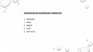 PUNTUACION DE INCIDENCIAS O IMPACTOS
0 NINGUNA
1 BAJA
2 MEDIA
3 ALTA
4 MUY ALTA
 