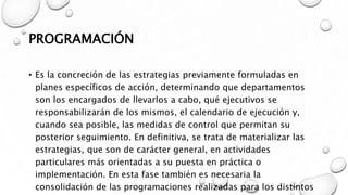 PROGRAMACIÓN
• Es la concreción de las estrategias previamente formuladas en
planes específicos de acción, determinando que departamentos
son los encargados de llevarlos a cabo, qué ejecutivos se
responsabilizarán de los mismos, el calendario de ejecución y,
cuando sea posible, las medidas de control que permitan su
posterior seguimiento. En definitiva, se trata de materializar las
estrategias, que son de carácter general, en actividades
particulares más orientadas a su puesta en práctica o
implementación. En esta fase también es necesaria la
consolidación de las programaciones realizadas para los distintos
 