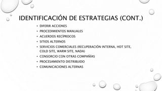 IDENTIFICACIÓN DE ESTRATEGIAS (CONT.)
• DIFERIR ACCIONES
• PROCEDIMIENTOS MANUALES
• ACUERDOS RECÍPROCOS
• SITIOS ALTERNOS
• SERVICIOS COMERCIALES (RECUPERACIÓN INTERNA, HOT SITE,
COLD SITE, WARM SITE, NADA)
• CONSORCIO CON OTRAS COMPAÑÍAS
• PROCESAMIENTO DISTRIBUIDO
• COMUNICACIONES ALTERNAS
 
