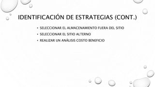 IDENTIFICACIÓN DE ESTRATEGIAS (CONT.)
• SELECCIONAR EL ALMACENAMIENTO FUERA DEL SITIO
• SELECCIONAR EL SITIO ALTERNO
• REALIZAR UN ANÁLISIS COSTO BENEFICIO
 