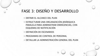 FASE 3: DISEÑO Y DESARROLLO
• DEFINIR EL ALCANCE DEL PLAN
• ESTRUCTURAR UNA ORGANIZACIÓN JERÁRQUICA
PARALELA PARA ADMINISTRAR EMERGENCIAS, CON
ESQUEMAS DE NOTIFICACIÓN
• DEFINICIÓN DE ESCENARIOS
• PROGRAMAS DE CONTROL DE PERSONAL
• DETALLAR LA ADMINISTRACIÓN GENERAL DEL PLAN
 