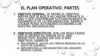 EL PLAN OPERATIVO: PARTES
1. OBJETIVO GENERAL: SE DEFINE EL OBJETIVO
MAYOR QUE SE BUSCA ALCANZAR DURANTE EL
AÑO Y QUE CONTRIBUIRÁ SUSTANCIALMENTE AL
DESARROLLO DE LA ORGANIZACIÓN. EJEMPLO:
LOGRAR PLENA AUTONOMÍA ECONÓMICA DE
NUESTRA ORGANIZACIÓN.
2. OBJETIVOS ESPECÍFICOS: SON LOS RESULTADOS
QUE SE DESEAN ALCANZAR EN EL AÑO
RESPECTIVO. PUEDEN SER DOS O MÁS
OBJETIVOS. EJEMPLOS:
a) RECUPERAR EL 90% DE LAS TARIFAS MOROSAS DE LA
JUNTA DE USUARIOS.
b) IMPLEMENTAR LA ORGANIZACIÓN CON UNIDADES
MÓVILES LIGERAS.
 