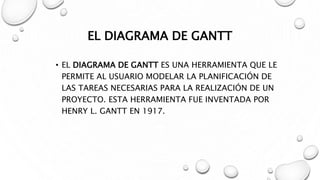 EL DIAGRAMA DE GANTT
• EL DIAGRAMA DE GANTT ES UNA HERRAMIENTA QUE LE
PERMITE AL USUARIO MODELAR LA PLANIFICACIÓN DE
LAS TAREAS NECESARIAS PARA LA REALIZACIÓN DE UN
PROYECTO. ESTA HERRAMIENTA FUE INVENTADA POR
HENRY L. GANTT EN 1917.
 