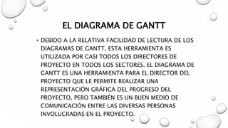 EL DIAGRAMA DE GANTT
• DEBIDO A LA RELATIVA FACILIDAD DE LECTURA DE LOS
DIAGRAMAS DE GANTT, ESTA HERRAMIENTA ES
UTILIZADA POR CASI TODOS LOS DIRECTORES DE
PROYECTO EN TODOS LOS SECTORES. EL DIAGRAMA DE
GANTT ES UNA HERRAMIENTA PARA EL DIRECTOR DEL
PROYECTO QUE LE PERMITE REALIZAR UNA
REPRESENTACIÓN GRÁFICA DEL PROGRESO DEL
PROYECTO, PERO TAMBIÉN ES UN BUEN MEDIO DE
COMUNICACIÓN ENTRE LAS DIVERSAS PERSONAS
INVOLUCRADAS EN EL PROYECTO.
 