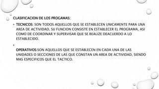 CLASIFICACION DE LOS PROGAMAS:
• TECNICOS: SON TODOS AQUELLOS QUE SE ESTABLECEN UNICAMENTE PARA UNA
AREA DE ACTIVIDAD, SU FUNCION CONSISTE EN ESTABLECER EL PROGRAMA, ASI
COMO DE COORDINAR Y SUPERVISAR QUE SE REALIZE DEACUERDO A LO
ESTABLECIDO.
•
OPERATIVOS:SON AQUELLOS QUE SE ESTABLECEN EN CADA UNA DE LAS
UNIDADES O SECCIONES DE LAS QUE CONSTAN UN AREA DE ACTIVIDAD, SIENDO
MAS ESPECIFICOS QUE EL TACTICO.
 