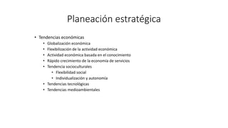 Planeación estratégica
• Tendencias económicas
• Globalización económica
• Flexibilización de la actividad económica
• Actividad económica basada en el conocimiento
• Rápido crecimiento de la economía de servicios
• Tendencia socioculturales
• Flexibilidad social
• Individualización y autonomía
• Tendencias tecnológicas
• Tendencias medioambientales
 