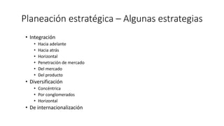 Planeación estratégica – Algunas estrategias
• Integración
• Hacia adelante
• Hacia atrás
• Horizontal
• Penetración de mercado
• Del mercado
• Del producto
• Diversificación
• Concéntrica
• Por conglomerados
• Horizontal
• De internacionalización
 