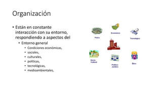 Organización
• Están en constante
interacción con su entorno,
respondiendo a aspectos del
• Entorno general
• Condiciones económicas,
• sociales,
• culturales,
• políticas,
• tecnológicas,
• medioambientales,
 